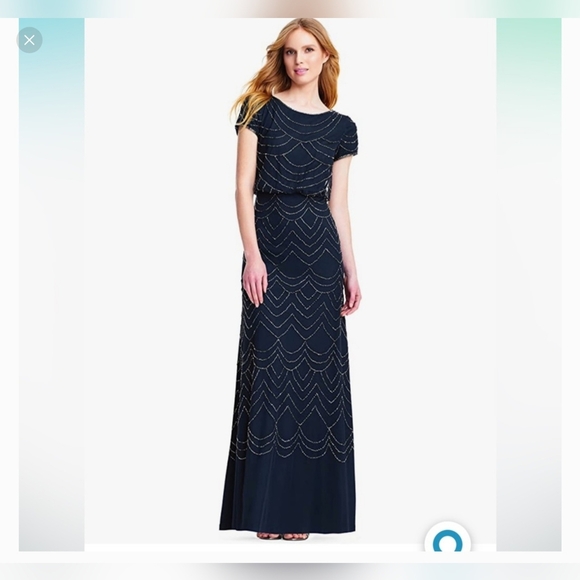 Adrianna Papell Blouson Short Sleeve Embellished Beaded Maxi Gown Navy Size 4 - Picture 1 of 14